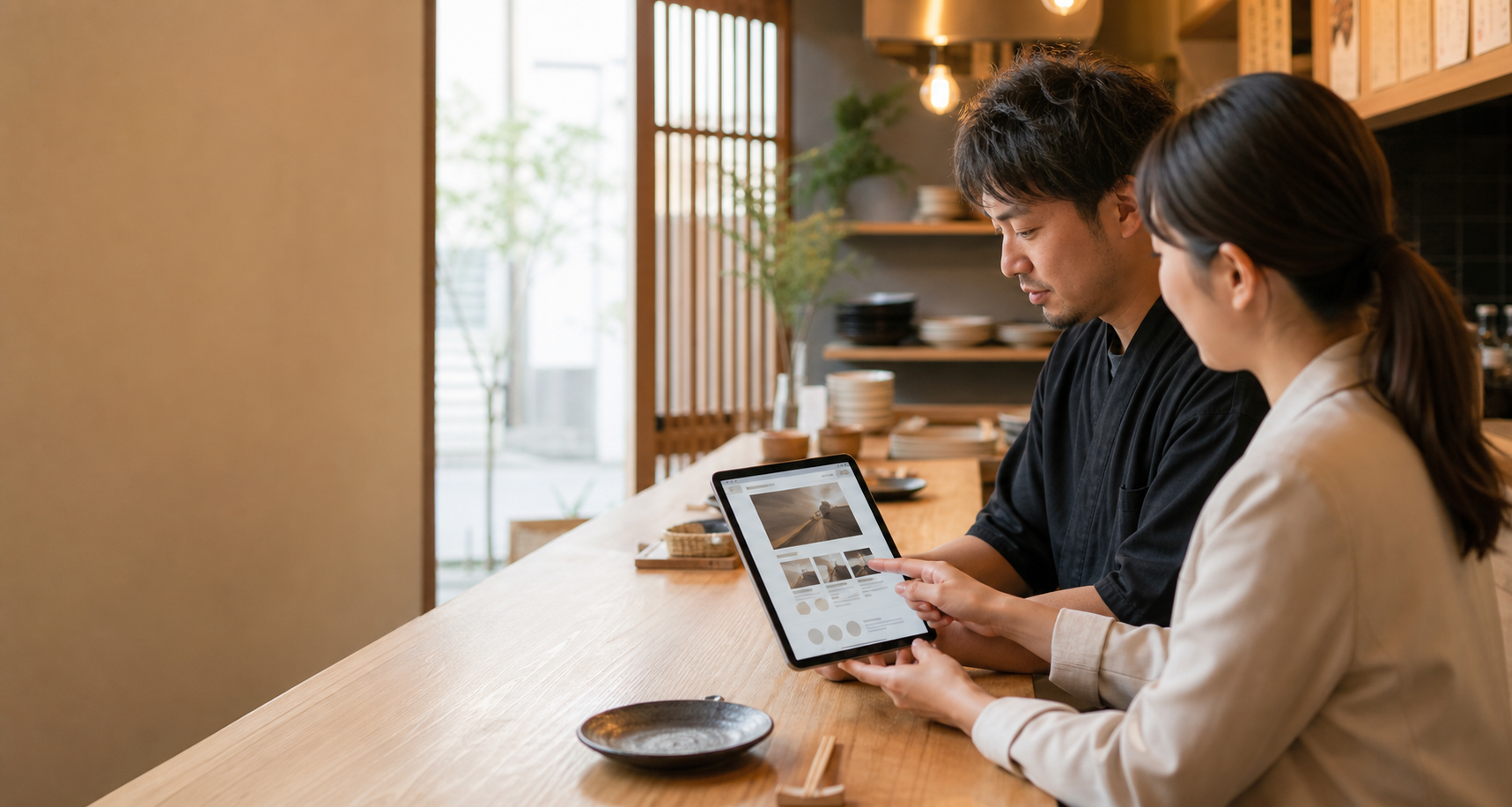 飲食店の店内でタブレットのHP案を確認している様子